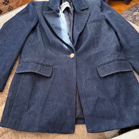 Zara Denim Tailored Denim Blazer Fully Lined One Button Size X-Small - Picture 3 of 8